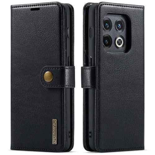DG.MING Split Leather Phone Case for OnePlus 10 Pro 5G, Shockproof Detachable Cell Phone Cover with Wallet Stand - Black - 1