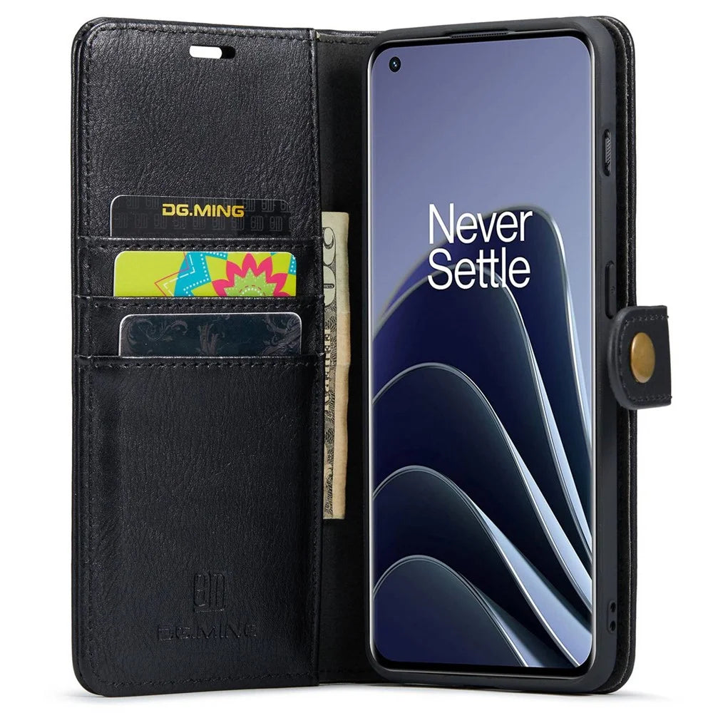 DG.MING Split Leather Phone Case for OnePlus 10 Pro 5G, Shockproof Detachable Cell Phone Cover with Wallet Stand - Black - 2