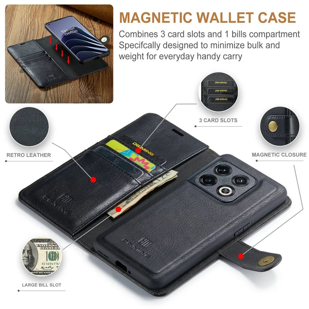 DG.MING Split Leather Phone Case for OnePlus 10 Pro 5G, Shockproof Detachable Cell Phone Cover with Wallet Stand - Black - 4