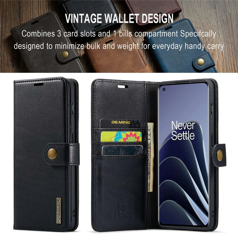 DG.MING Split Leather Phone Case for OnePlus 10 Pro 5G, Shockproof Detachable Cell Phone Cover with Wallet Stand - Black - 5