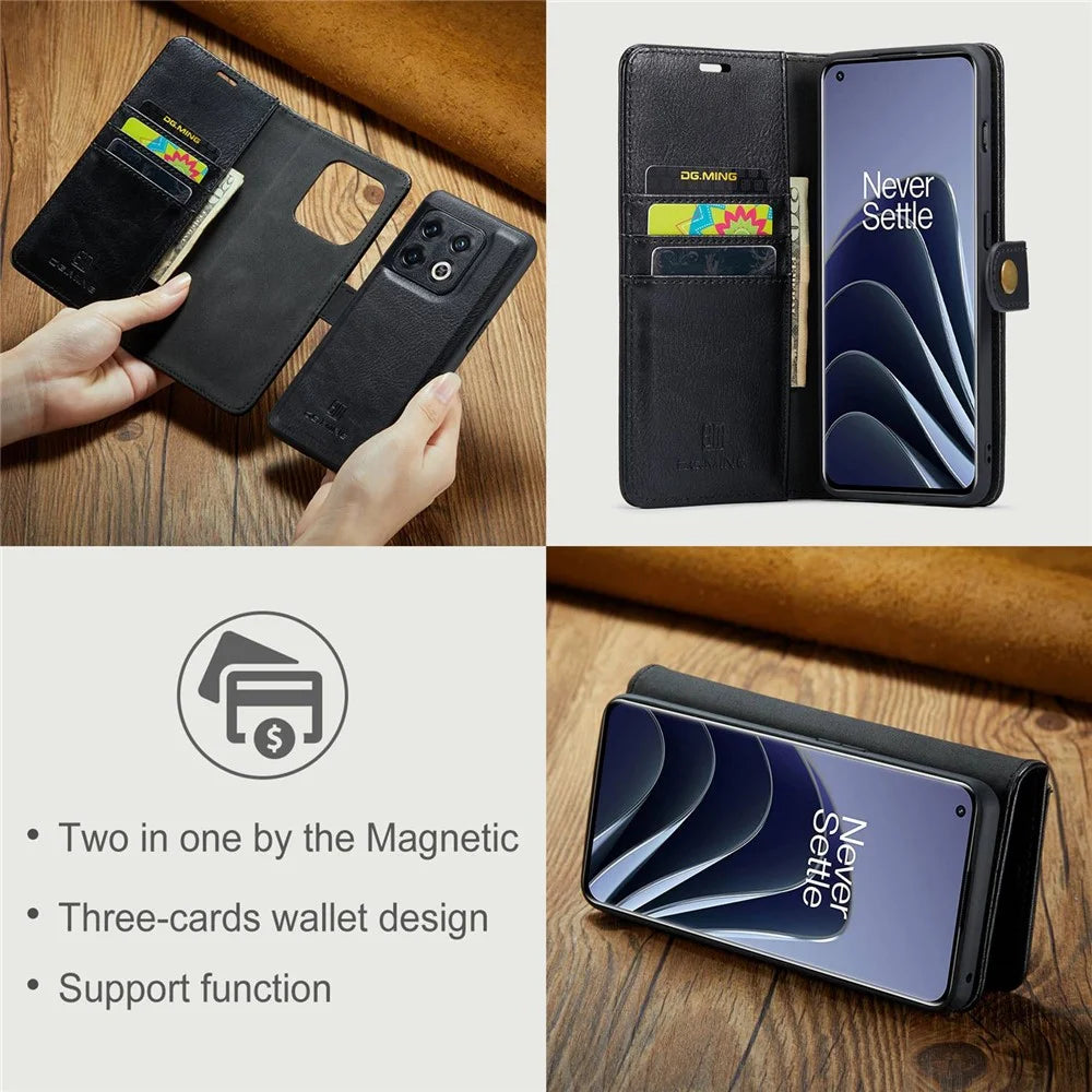 DG.MING Split Leather Phone Case for OnePlus 10 Pro 5G, Shockproof Detachable Cell Phone Cover with Wallet Stand - Black - 6