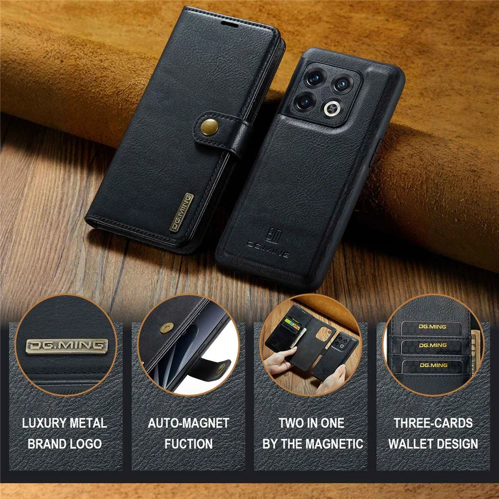 DG.MING Split Leather Phone Case for OnePlus 10 Pro 5G, Shockproof Detachable Cell Phone Cover with Wallet Stand - Black - 7
