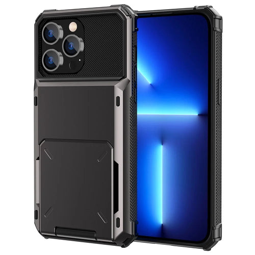 For iPhone 14 Plus 6.7 inch Phone Flip Card Holder Wear-resistant TPU + PC Phone Case Protective Shell - Black - 1