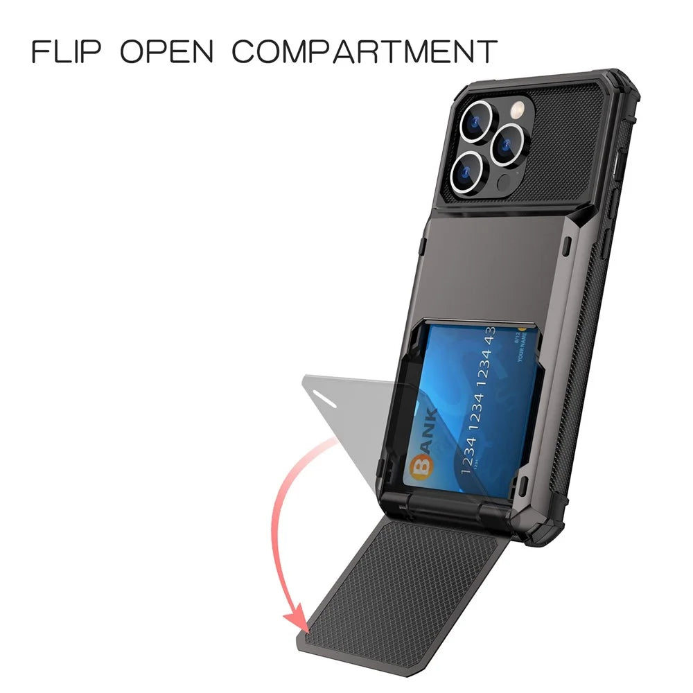 For iPhone 14 Plus 6.7 inch Phone Flip Card Holder Wear-resistant TPU + PC Phone Case Protective Shell - Black - 2