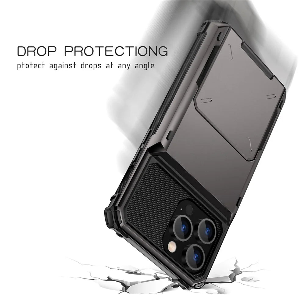 For iPhone 14 Pro Max 6.7 inch Anti-scratch TPU + PC Hybrid Phone Case Flip Card Holder Drop Resistant Phone Cover Protector - Black - 6