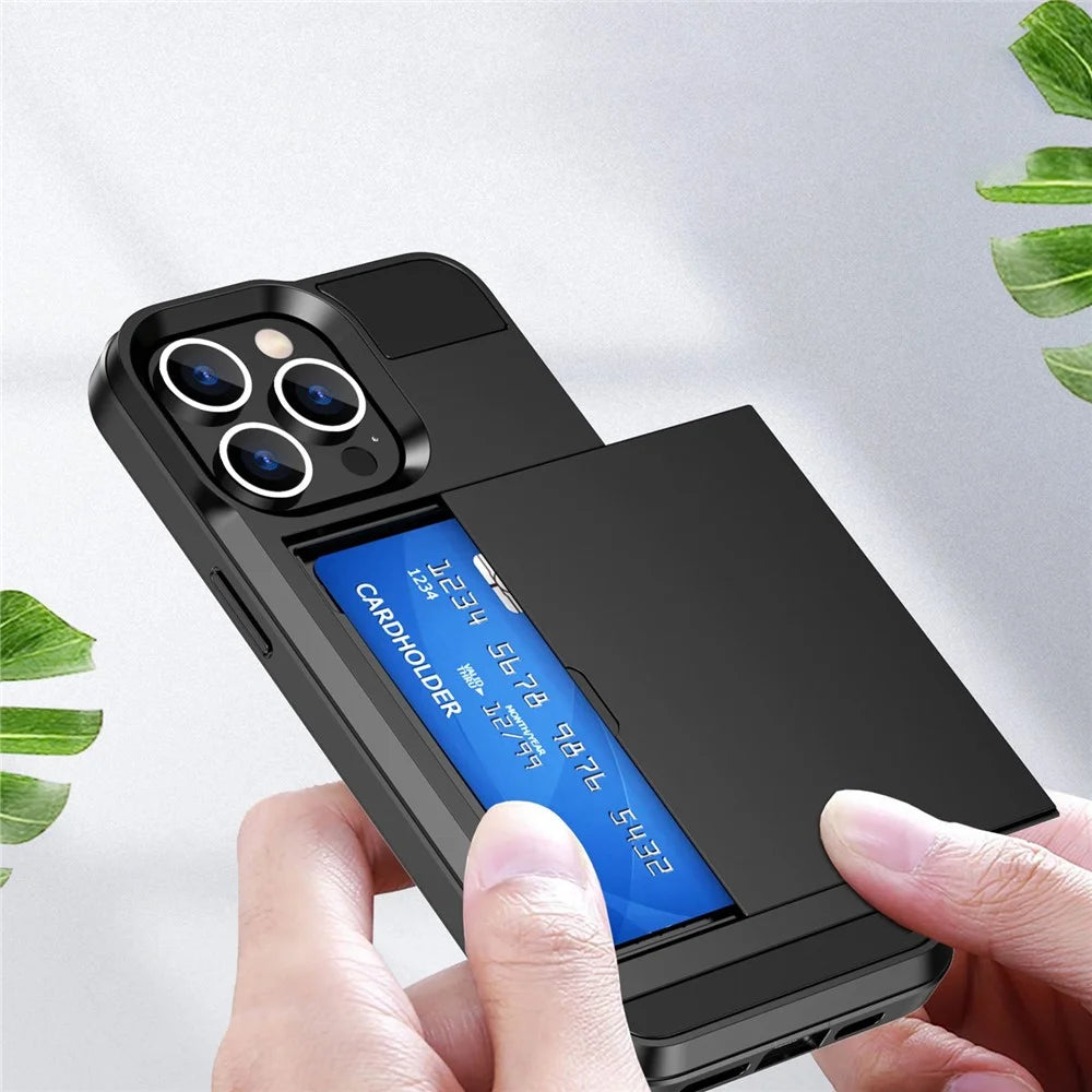 For iPhone 14 Pro 6.1 inch Anti-scratch Phone Case with Sliding Card Holder Smooth Surface PC + TPU Hybrid Phone Shell - Black - 7