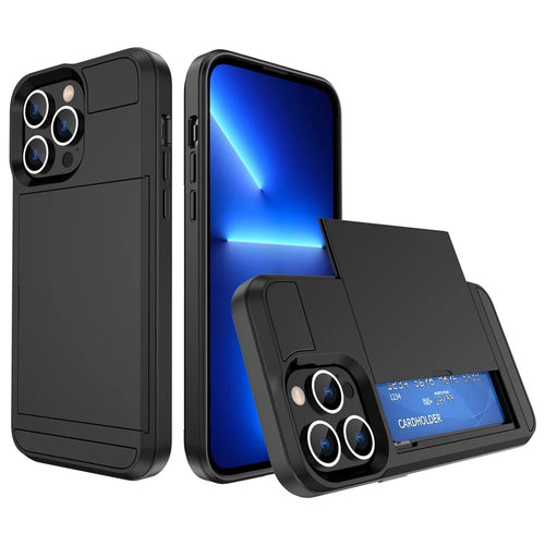 For iPhone 14 6.1 inch Drop-proof Phone Case PC + TPU Hybrid Shell with Sliding Cover Design Card Slot - Black - 1