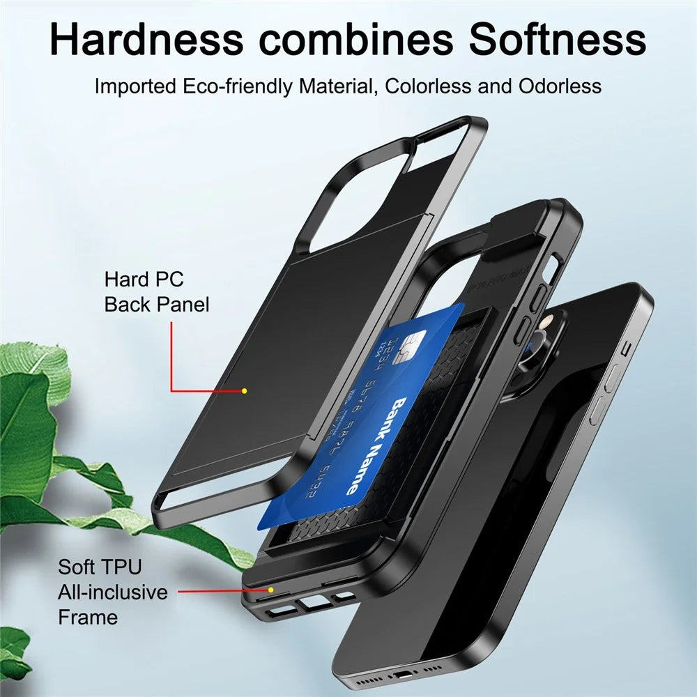 For iPhone 14 6.1 inch Drop-proof Phone Case PC + TPU Hybrid Shell with Sliding Cover Design Card Slot - Black - 3