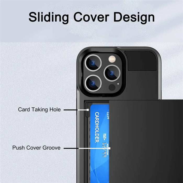 For iPhone 14 Plus 6.7 inch Drop-proof Phone Case PC + TPU Scratch-resistant Mobile Phone Cover with Sliding Card Slot - Black - 2