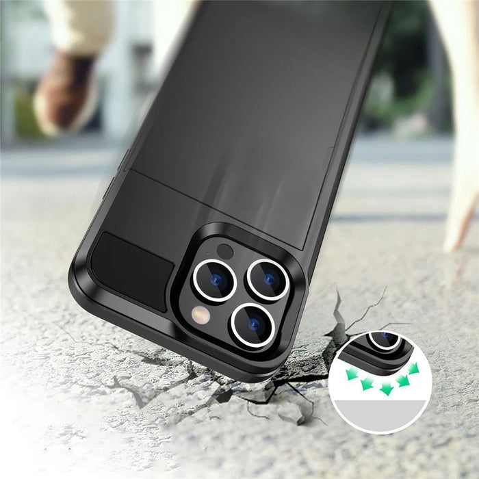 For iPhone 14 Plus 6.7 inch Drop-proof Phone Case PC + TPU Scratch-resistant Mobile Phone Cover with Sliding Card Slot - Black - 6