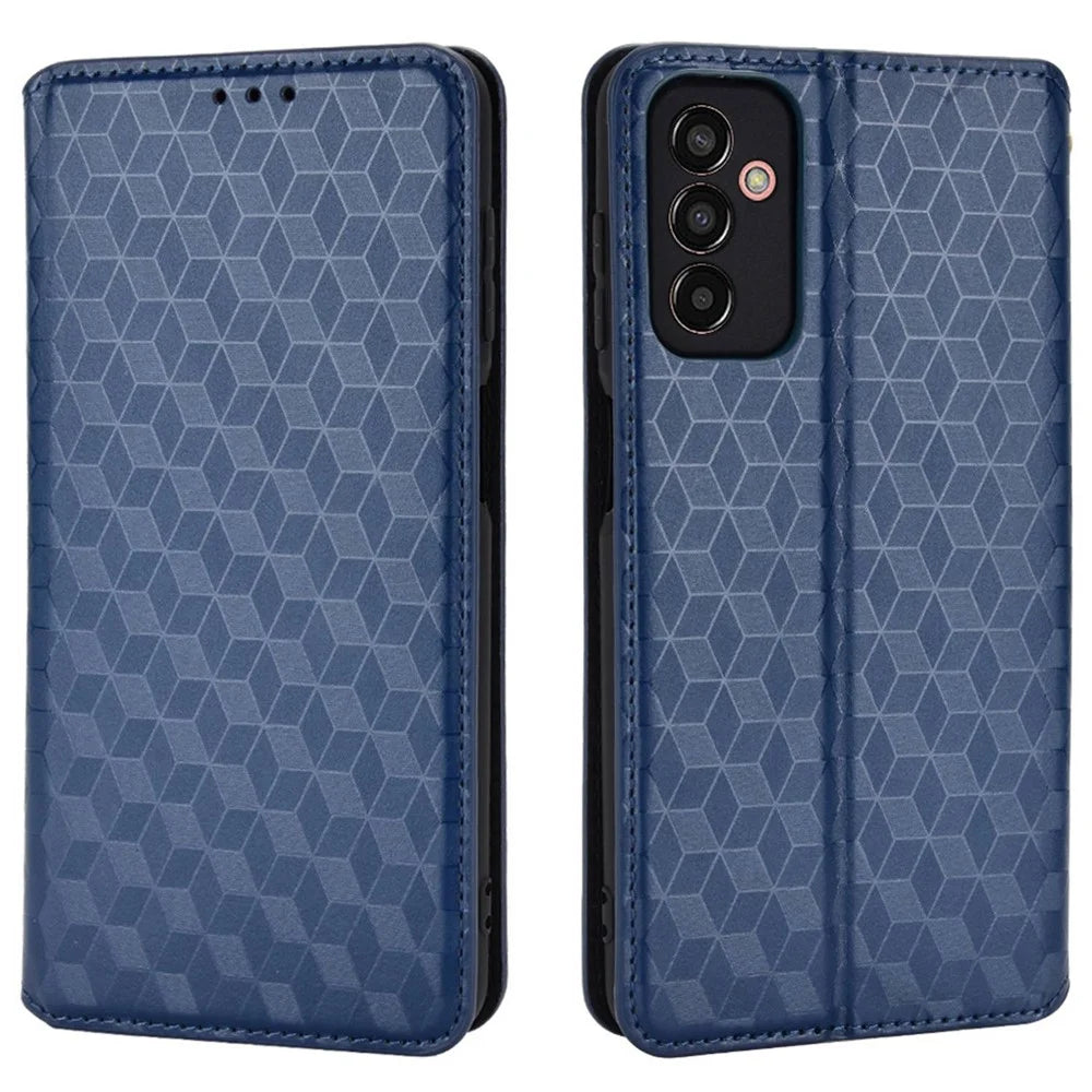 For Samsung Galaxy M13 4G Imprinting Rhombus Pattern PU Leather Cover Magnetic Auto-absorbed Phone Stand Wallet Case - Blue - 1