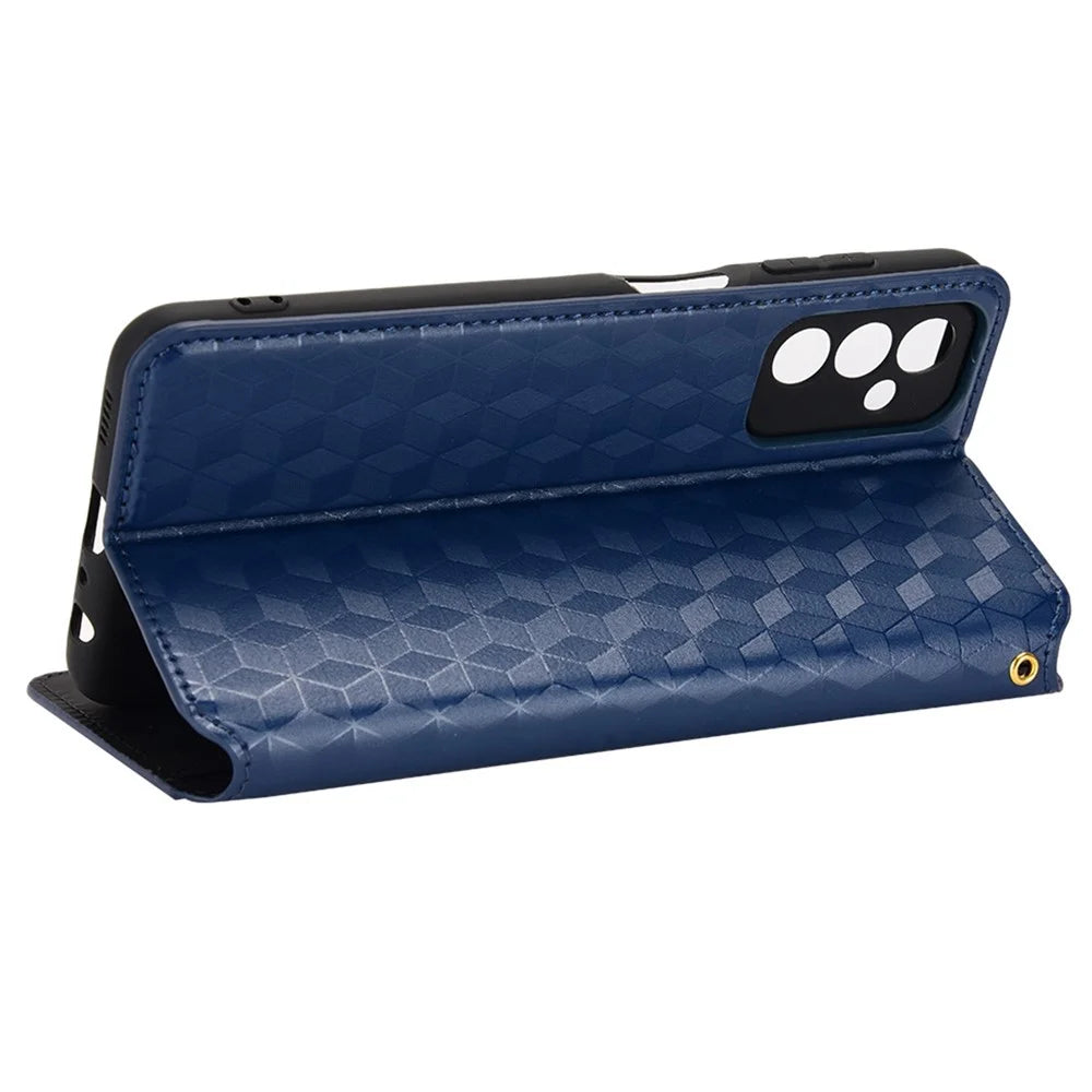 For Samsung Galaxy M13 4G Imprinting Rhombus Pattern PU Leather Cover Magnetic Auto-absorbed Phone Stand Wallet Case - Blue - 3