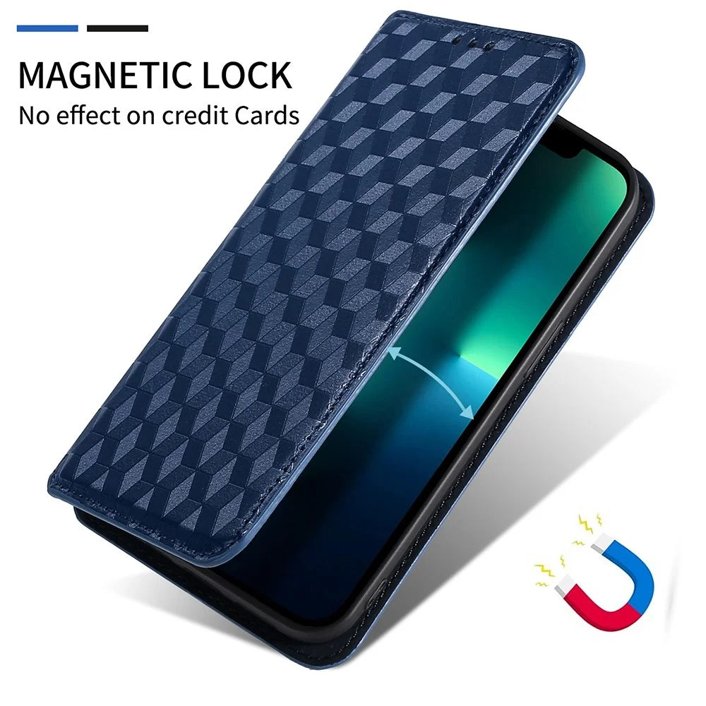 For Samsung Galaxy M13 4G Imprinting Rhombus Pattern PU Leather Cover Magnetic Auto-absorbed Phone Stand Wallet Case - Blue - 5