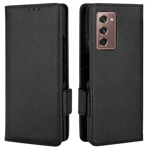 For Samsung Galaxy Z Fold2 5G Litchi Texture Shockproof Phone Case PU Leather Double Magnetic Clasp Cover with Stand Wallet - Black - 1