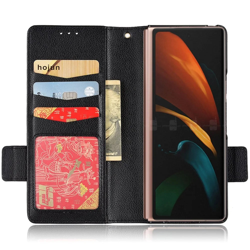 For Samsung Galaxy Z Fold2 5G Litchi Texture Shockproof Phone Case PU Leather Double Magnetic Clasp Cover with Stand Wallet - Black - 2
