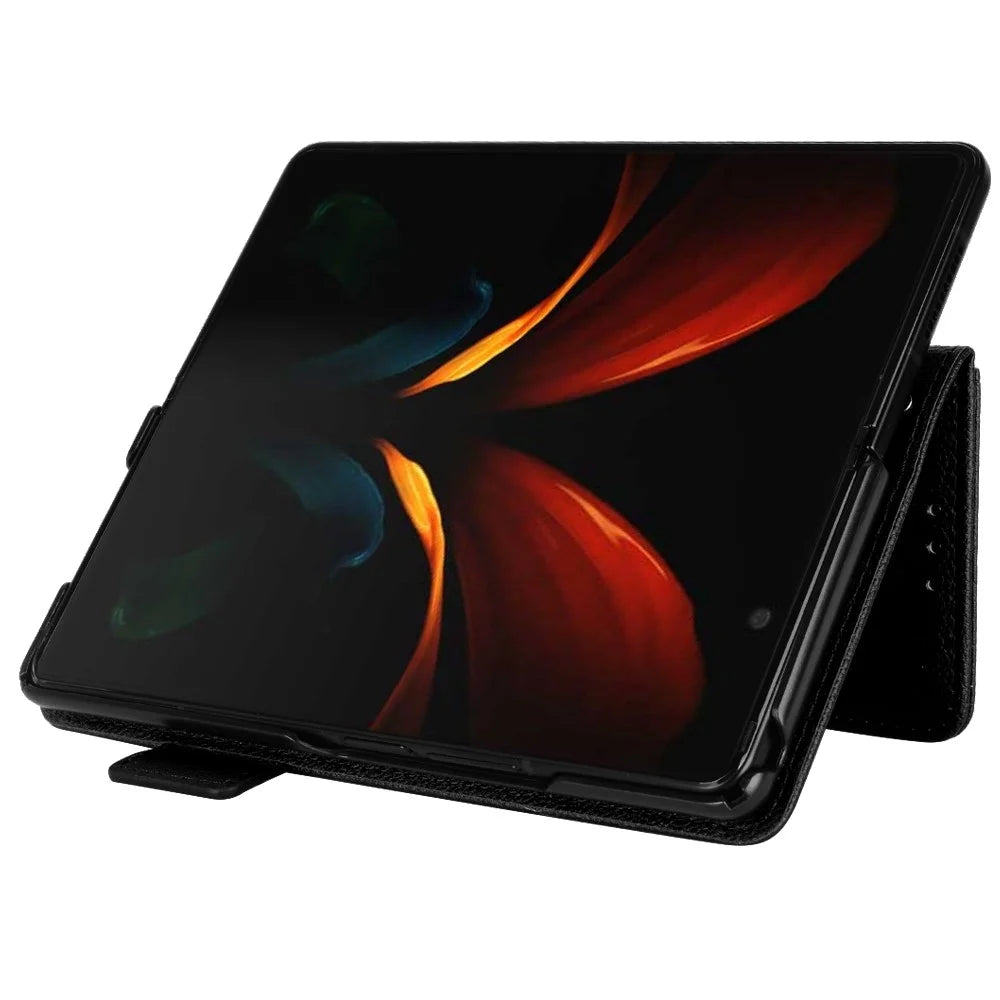 For Samsung Galaxy Z Fold2 5G Litchi Texture Shockproof Phone Case PU Leather Double Magnetic Clasp Cover with Stand Wallet - Black - 3