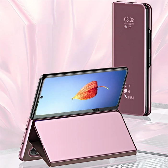 For Samsung Galaxy Z Fold4 5G PC Mirror Surface View Window Case Stand Auto-absorbed Magnetic Anti-fall Phone Cover - Pink - 4