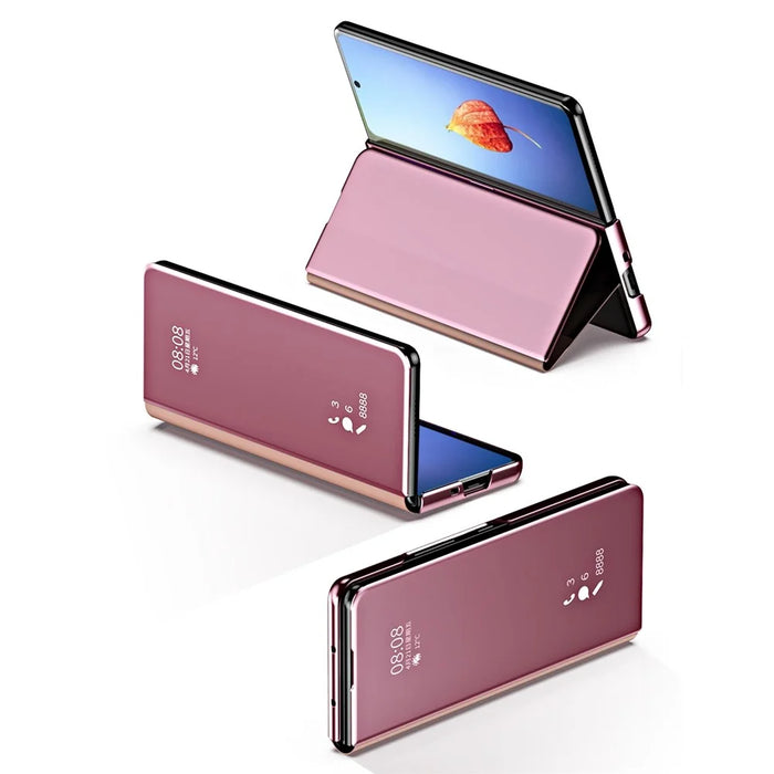 For Samsung Galaxy Z Fold4 5G PC Mirror Surface View Window Case Stand Auto-absorbed Magnetic Anti-fall Phone Cover - Pink - 5