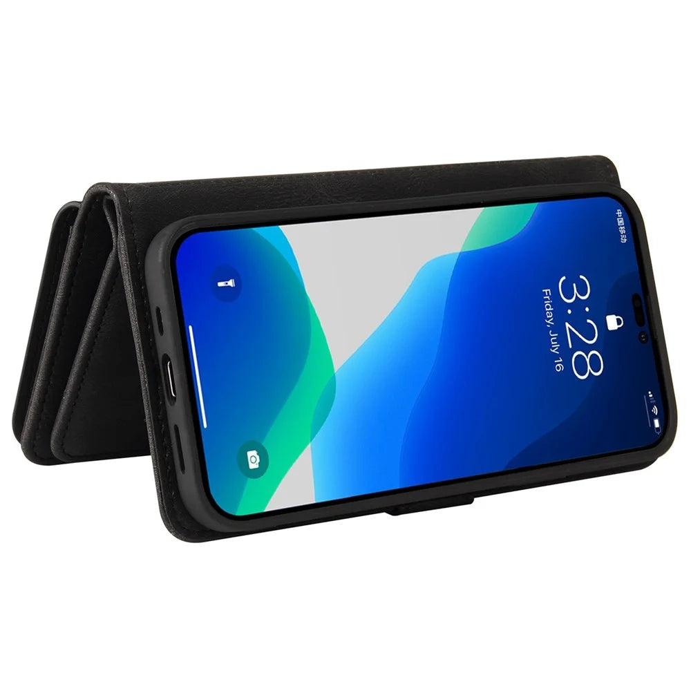 For iPhone 14 Pro Zipper Wallet Case with 15 Card Slots and Strap Leather Phone Cover - Black - 2