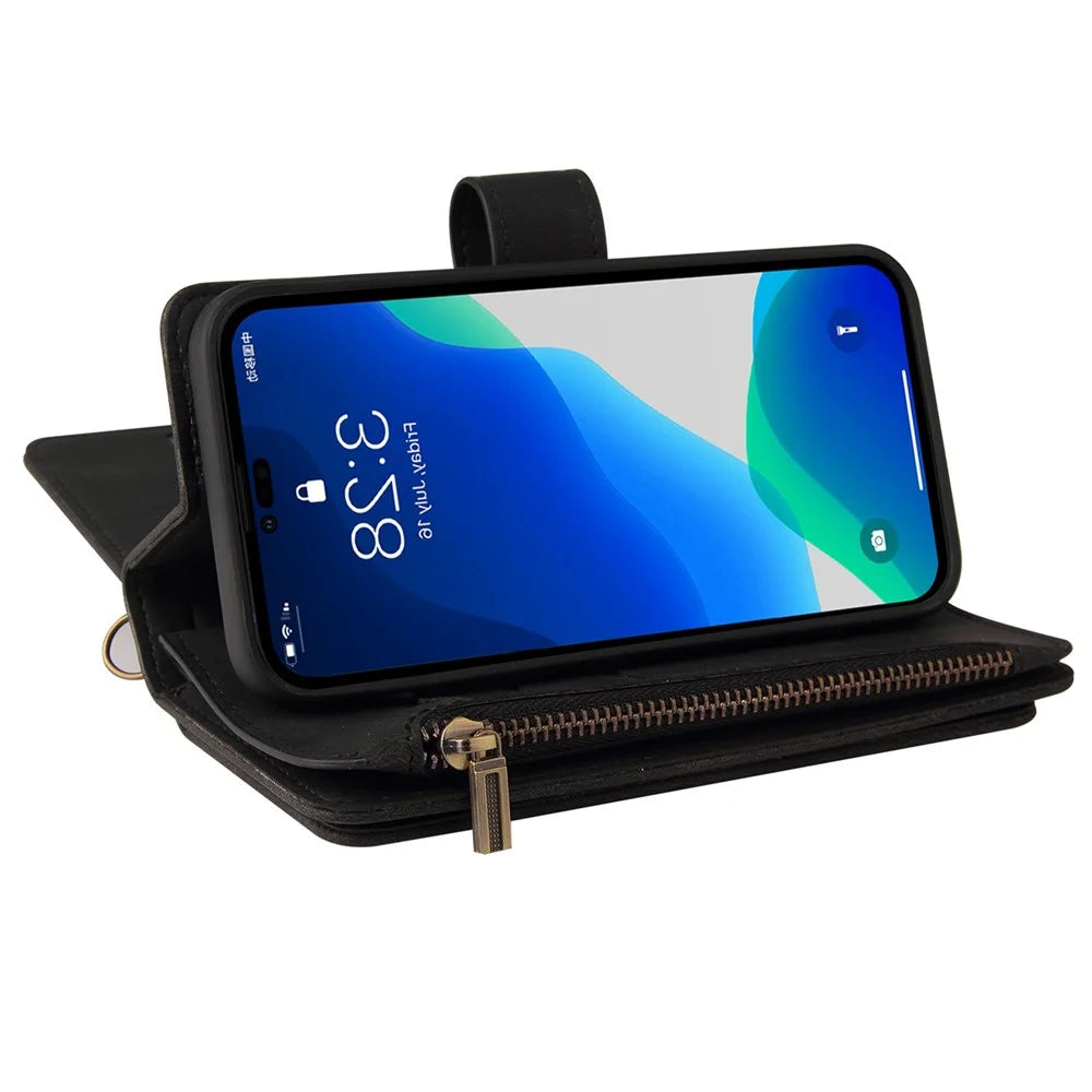 For iPhone 14 Pro Zipper Wallet Case with 15 Card Slots and Strap Leather Phone Cover - Black - 3
