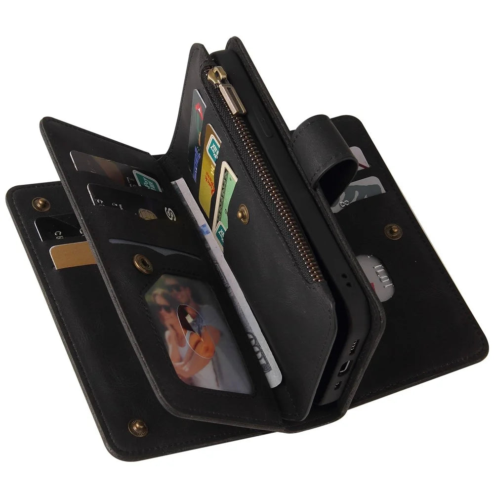 For iPhone 14 Pro Zipper Wallet Case with 15 Card Slots and Strap Leather Phone Cover - Black - 4