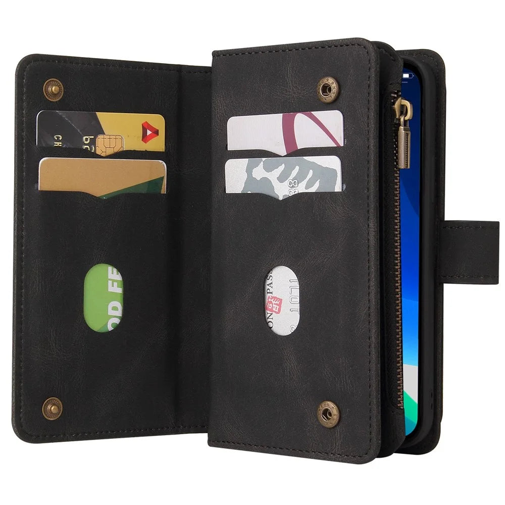 For iPhone 14 Pro Zipper Wallet Case with 15 Card Slots and Strap Leather Phone Cover - Black - 5