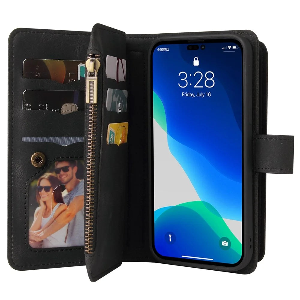 For iPhone 14 Pro Zipper Wallet Case with 15 Card Slots and Strap Leather Phone Cover - Black - 6