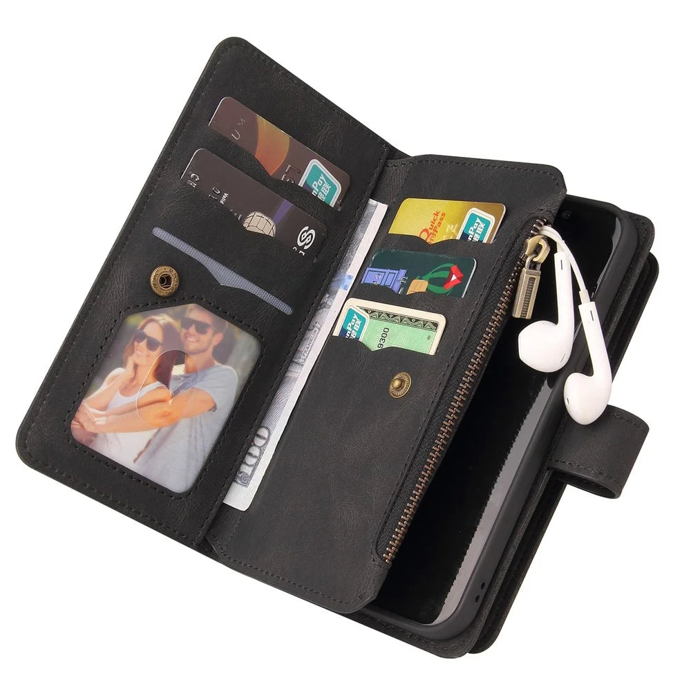 For iPhone 14 Pro Zipper Wallet Case with 15 Card Slots and Strap Leather Phone Cover - Black - 7