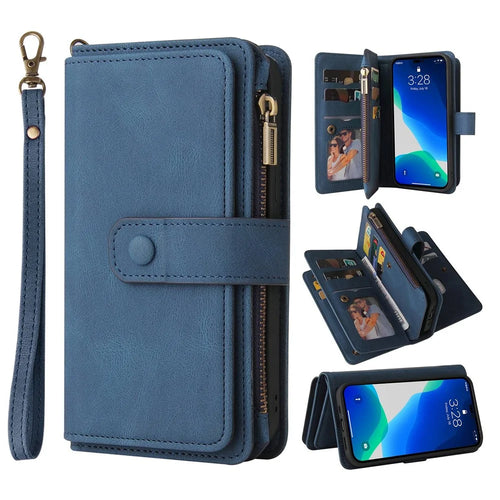 For iPhone 14 Pro Max Zipper Wallet Case with 15 Card Slots and Strap Leather Phone Cover - Blue - 1