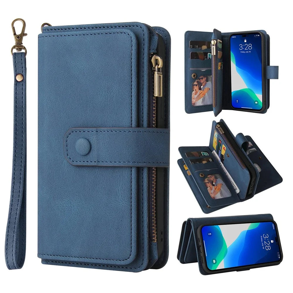 For iPhone 14 Pro Max Zipper Wallet Case with 15 Card Slots and Strap Leather Phone Cover - Blue - 1