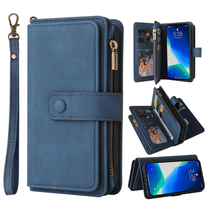 For iPhone 14 Pro Max Zipper Wallet Case with 15 Card Slots and Strap Leather Phone Cover - Blue - 1