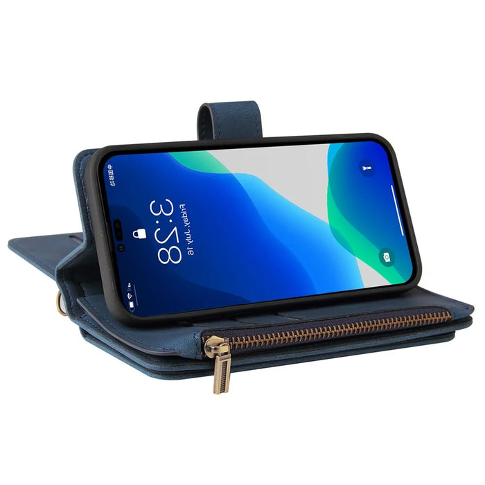 For iPhone 14 Pro Max Zipper Wallet Case with 15 Card Slots and Strap Leather Phone Cover - Blue - 3