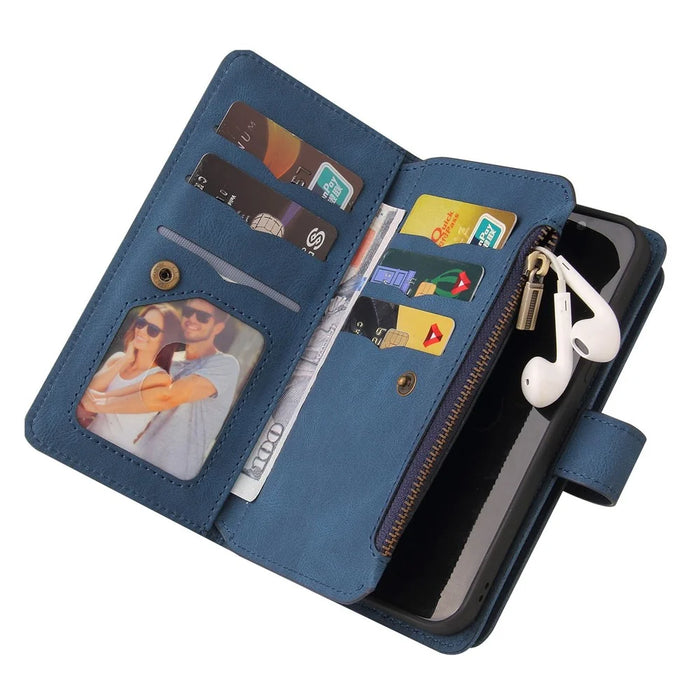 For iPhone 14 Pro Max Zipper Wallet Case with 15 Card Slots and Strap Leather Phone Cover - Blue - 6