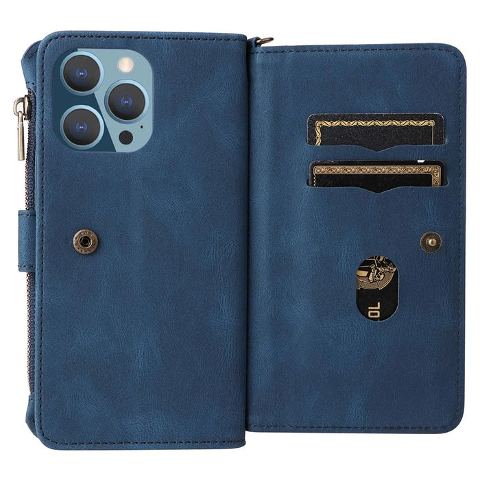 For iPhone 14 Pro Max Zipper Wallet Case with 15 Card Slots and Strap Leather Phone Cover - Blue - 7