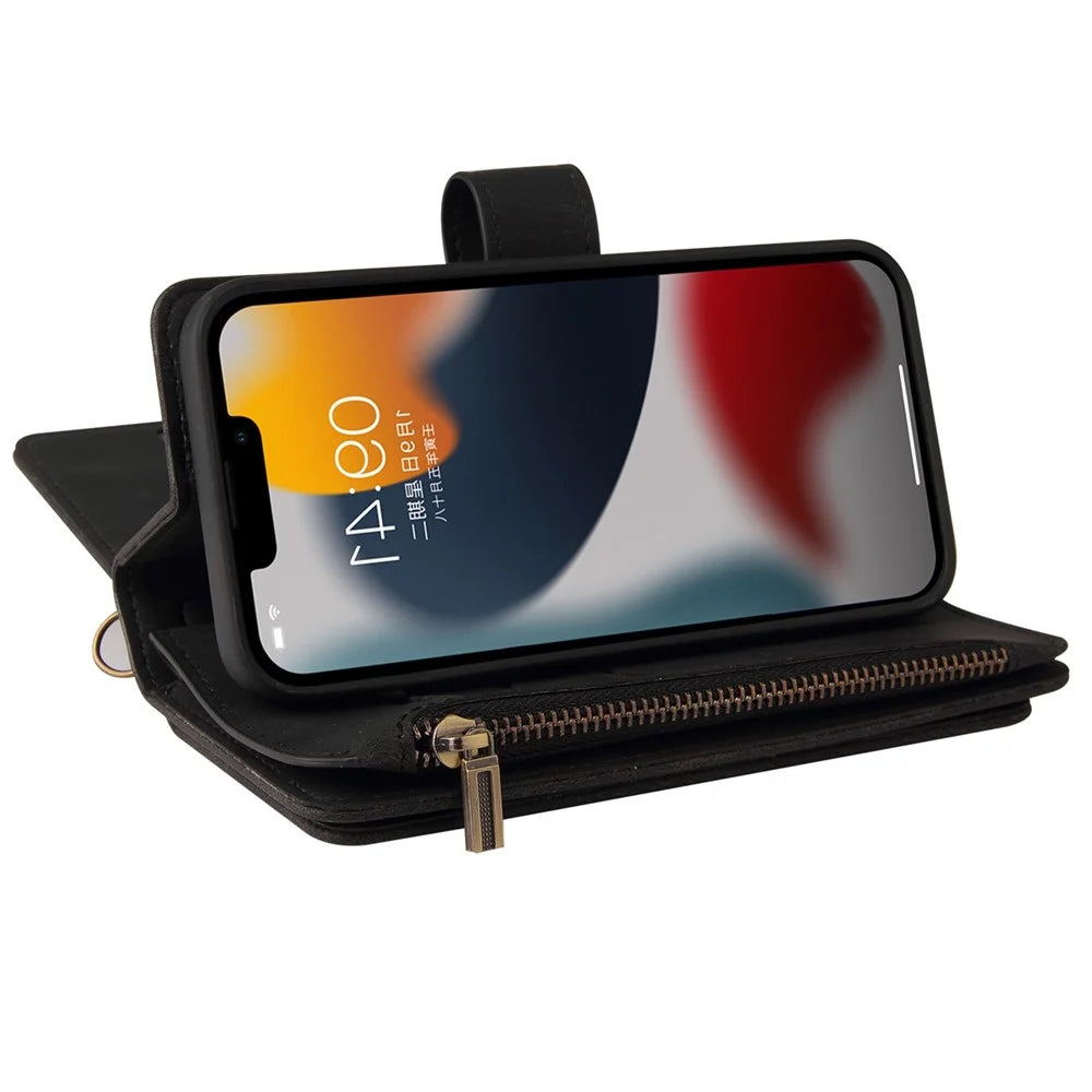 For iPhone 14 Zipper Wallet Case with 15 Card Slots and Strap Leather Phone Cover - Black - 3