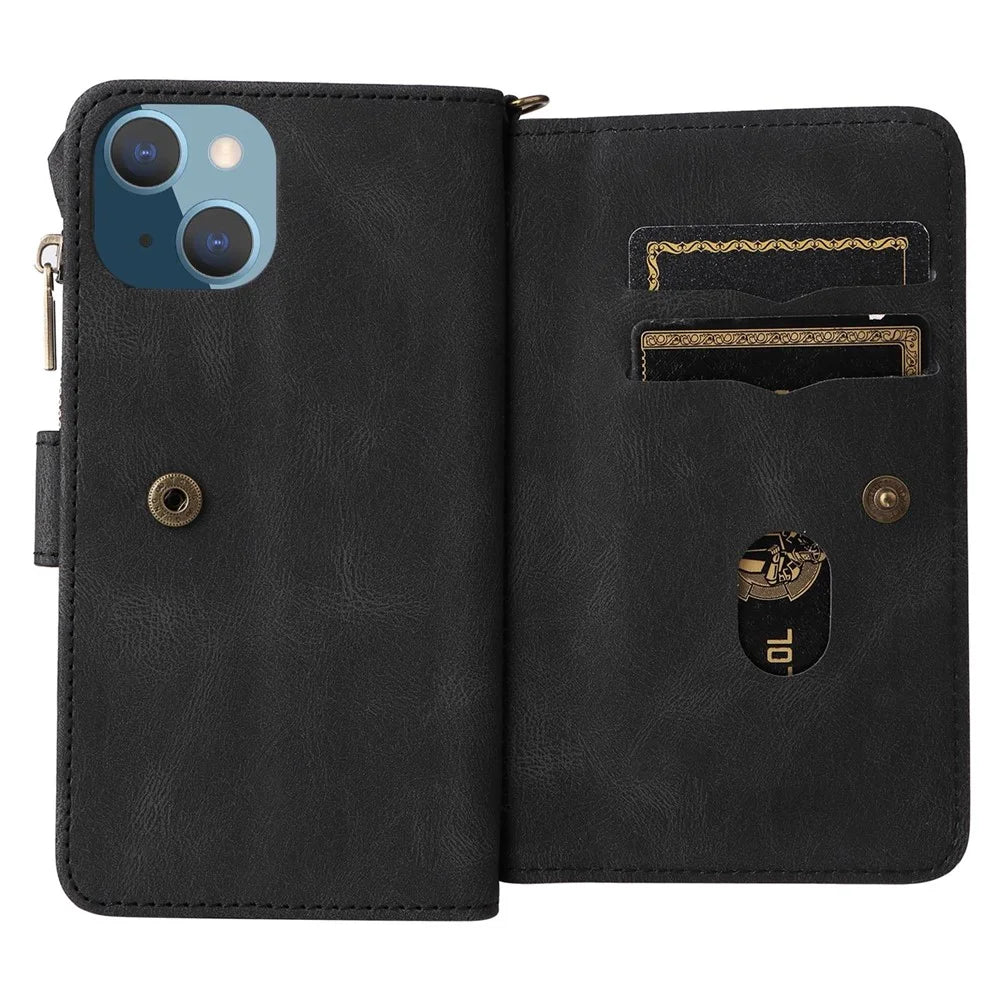 For iPhone 14 Zipper Wallet Case with 15 Card Slots and Strap Leather Phone Cover - Black - 7