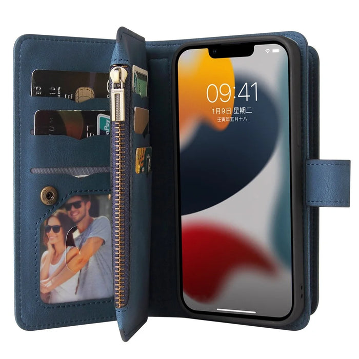 For iPhone 14 Plus Zipper Wallet Case with 15 Card Slots and Strap Leather Phone Cover - Blue - 5