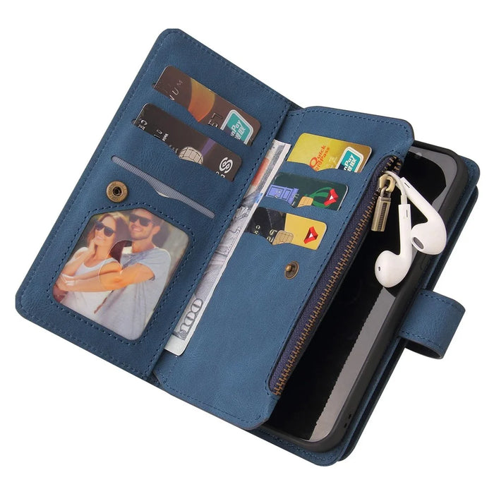 For iPhone 14 Plus Zipper Wallet Case with 15 Card Slots and Strap Leather Phone Cover - Blue - 6