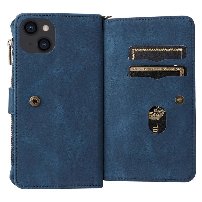 For iPhone 14 Plus Zipper Wallet Case with 15 Card Slots and Strap Leather Phone Cover - Blue - 7