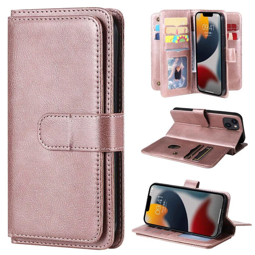 KT Multi-functional Series-1 for iPhone 14 Plus 6.7 inch PU Leather Wallet Case Stand Full Protection Magnetic Phone Cover with 10 Card Slots - Rose Gold - 1