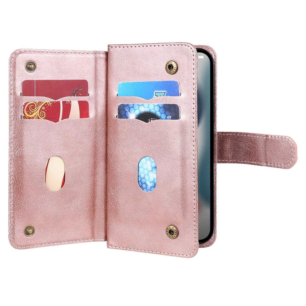 KT Multi-functional Series-1 for iPhone 14 Plus 6.7 inch PU Leather Wallet Case Stand Full Protection Magnetic Phone Cover with 10 Card Slots - Rose Gold - 4