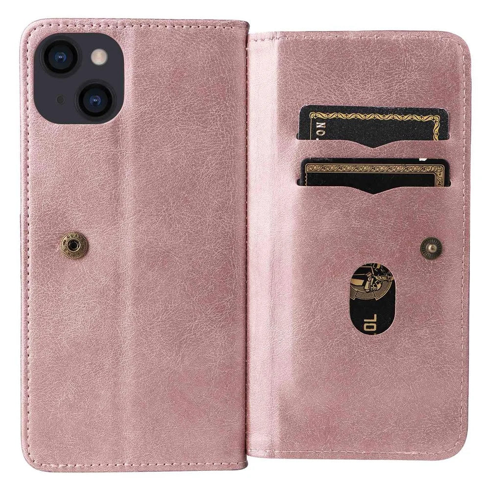 KT Multi-functional Series-1 for iPhone 14 Plus 6.7 inch PU Leather Wallet Case Stand Full Protection Magnetic Phone Cover with 10 Card Slots - Rose Gold - 5