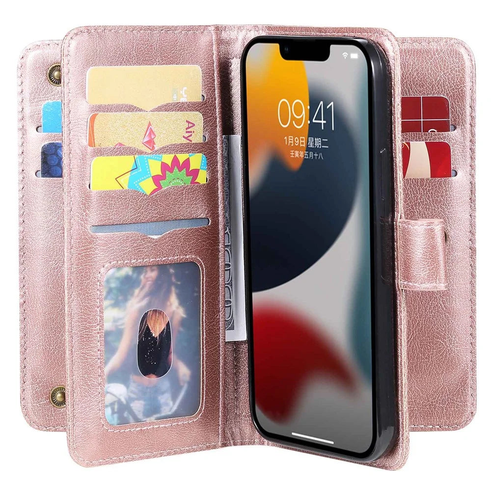 KT Multi-functional Series-1 for iPhone 14 Plus 6.7 inch PU Leather Wallet Case Stand Full Protection Magnetic Phone Cover with 10 Card Slots - Rose Gold - 6