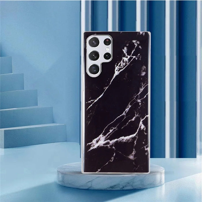 For Samsung Galaxy S22 Ultra 5G Phone Drop-proof Soft TPU Cover IMD Marble Pattern Anti-scratch Case - Black - 5