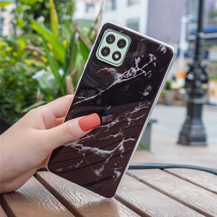 For Samsung Galaxy A22 5G (EU Version) Soft TPU Phone Back Cover IMD Marble Pattern Protective Case - Black - 4