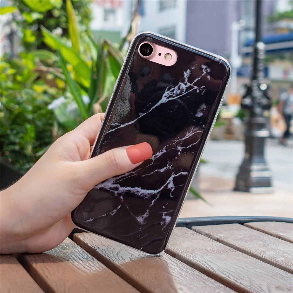 For iPhone SE (2022)/(2020)/8/7 4.7 inch Stylish Marble Pattern IMD Phone Case Anti-drop Soft TPU Cover - Black - 4