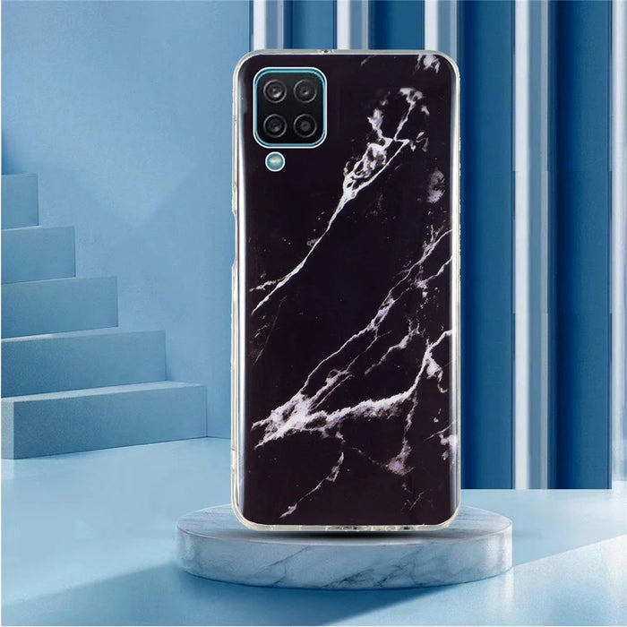 For Samsung Galaxy A12 Flexible TPU Phone Case Anti-fall Protection Marble Pattern IMD Phone Cover - Black - 5