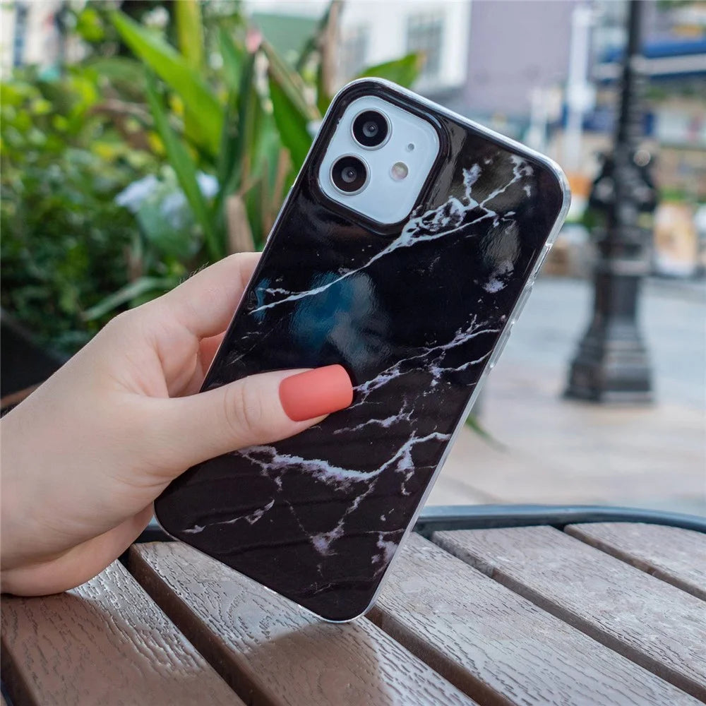 For iPhone 12 mini 5.4 inch IMD Marble Pattern Ultra Slim Phone Case Drop-proof Protective Cover - Black - 4