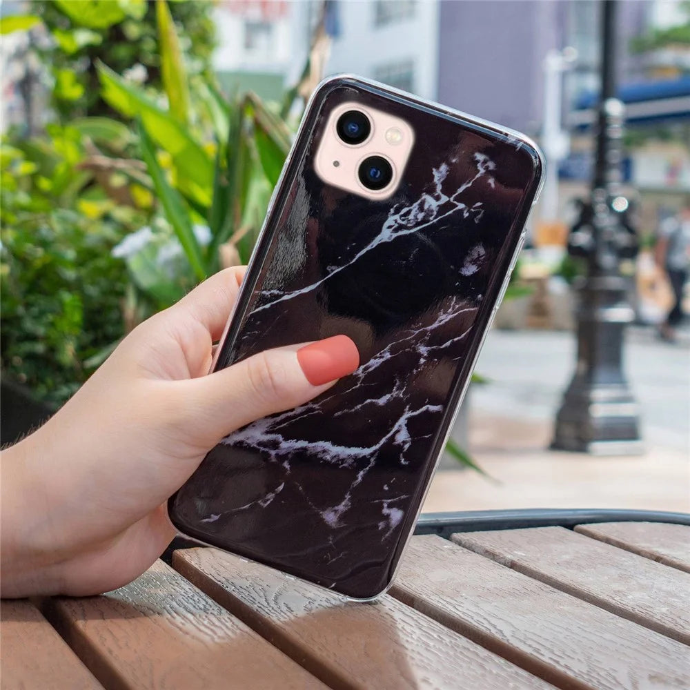 Soft TPU Case for iPhone 13 6.1 inch, Marble Pattern IMD Shockproof Well-protected Cover - Black - 4