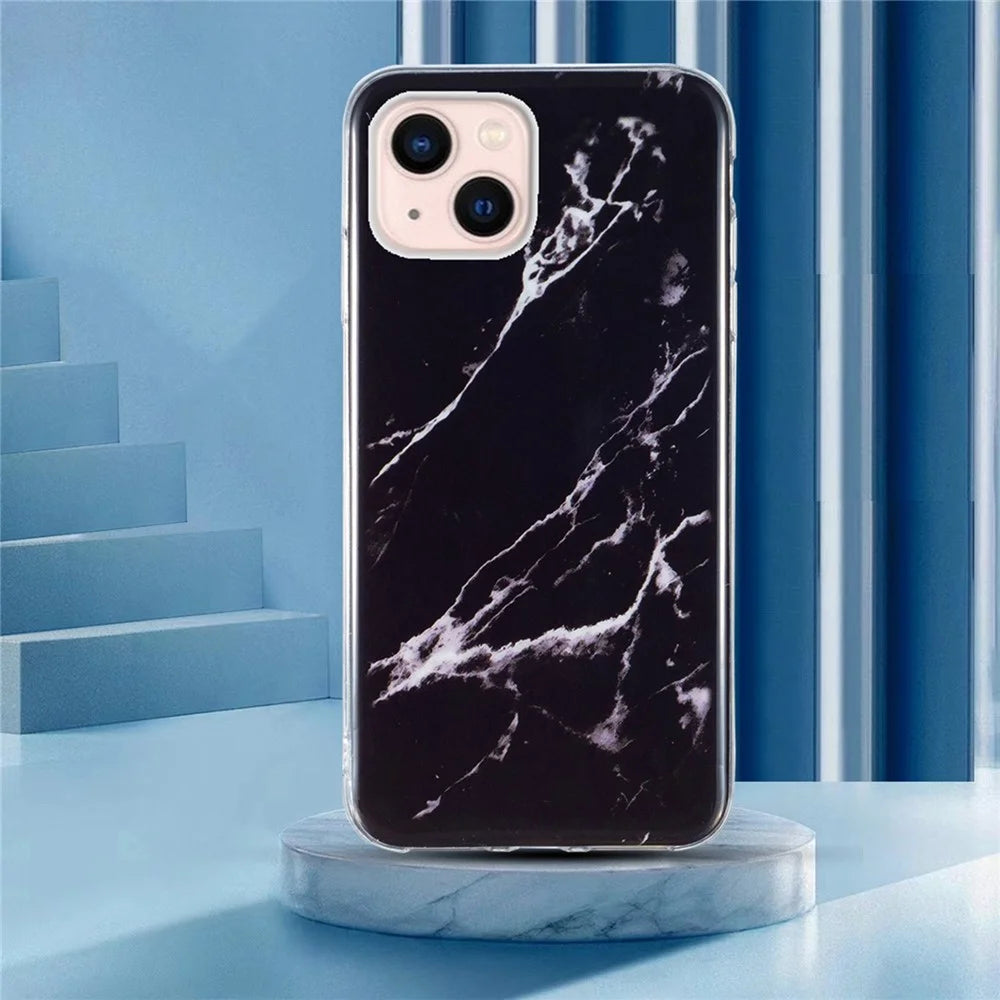 Soft TPU Case for iPhone 13 6.1 inch, Marble Pattern IMD Shockproof Well-protected Cover - Black - 5